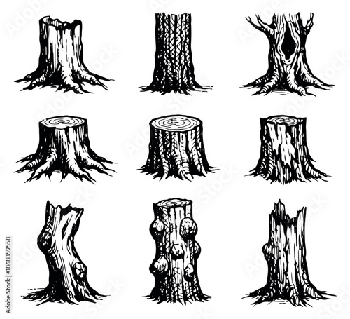 Hand drawn line art tree stumps set featuring diverse natural forms for rustic design elements