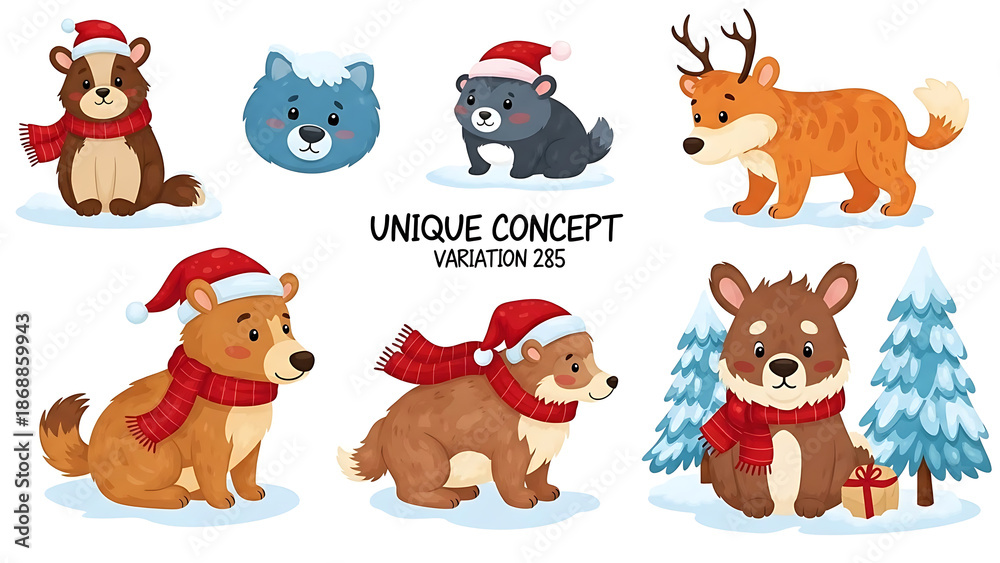 Fototapeta premium Cartoon animals wearing holiday scarves and hats isolated on a transparent background