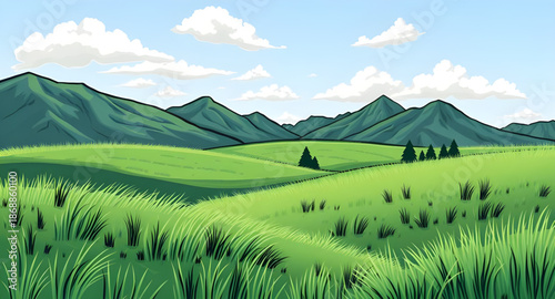 green, grass, blue, sky, landscape, cartoon, nature, outdoor, meadow, field, hills, countryside, rural, scenery, background, sunny, daylight, spring, summer, fresh, bright, peaceful, calm, serene, cut