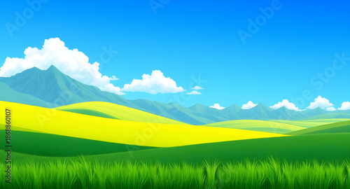 green, grass, blue, sky, landscape, cartoon, nature, outdoor, meadow, field, hills, countryside, rural, scenery, background, sunny, daylight, spring, summer, fresh, bright, peaceful, calm, serene, cut