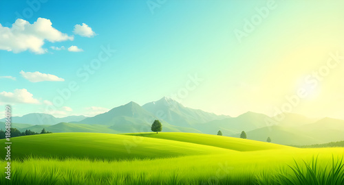 green, grass, blue, sky, landscape, cartoon, nature, outdoor, meadow, field, hills, countryside, rural, scenery, background, sunny, daylight, spring, summer, fresh, bright, peaceful, calm, serene, cut