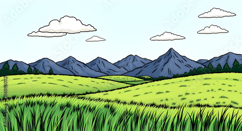 grass, green, sky, blue, cartoon, landscape, nature, outdoor, meadow, field, hills, countryside, rural, scenery, background, sunny, daylight, spring, summer, fresh, bright, peaceful, calm, serene, cut