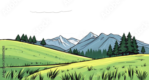 grass, green, sky, blue, landscape, cartoon, nature, outdoor, field, meadow, hills, countryside, rural, scenery, background, sunny, daylight, spring, summer, fresh, bright, peaceful, calm, serene, cut