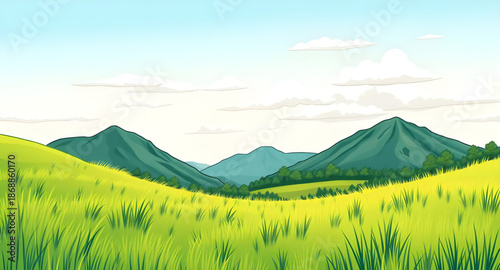 grass, green, sky, blue, landscape, cartoon, nature, outdoor, field, meadow, hills, countryside, rural, scenery, background, sunny, daylight, spring, summer, fresh, bright, peaceful, calm, serene, cut