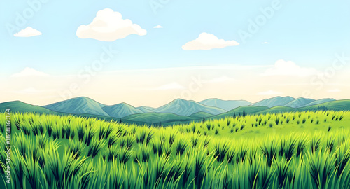 grass, green, sky, blue, landscape, cartoon, nature, outdoor, field, meadow, hills, countryside, rural, scenery, background, sunny, daylight, spring, summer, fresh, bright, peaceful, calm, serene, cut