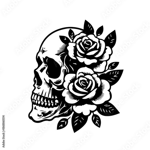 Skull with Rose Flower Vector Art, Gothic Romance SVG