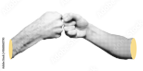 Halftone. Human hand gestures, greeting, vintage collage style, black and white halftone texture, retro comic book style with bold dotted texture. High contrast black and white image isolated on white