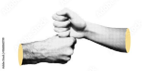 Halftone. Human hand gestures, greeting, vintage collage style, black and white halftone texture, retro comic book style with bold dotted texture. High contrast black and white image isolated on white