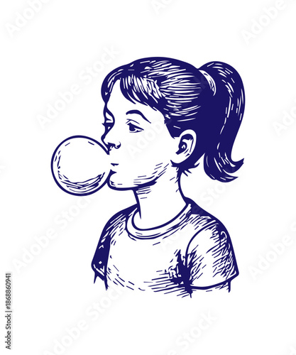Girl blowing bubble gum retro style engraved illustration
