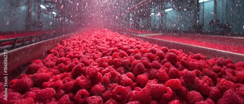 Fresh raspberries being processed in a food production facility