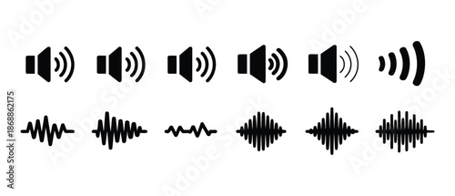 Audio sound icons set, speaker and wave symbols in minimal silhouette style, vector collection ideal for music apps, media players, UI design