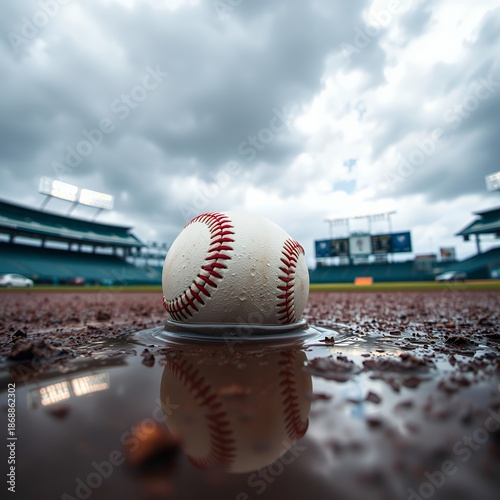 Baseball in puddle on baseball field during rain baseball field stadium game baseball field competition play team sport grass arena green league