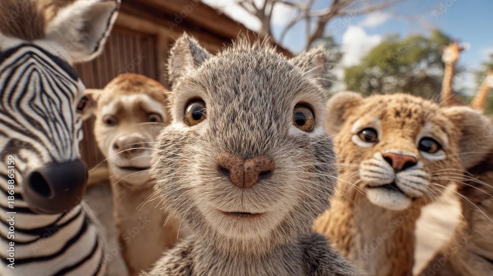 Fototapeta premium Adorable animal group with squirrel, zebra, lion cub, and dog in natural setting.