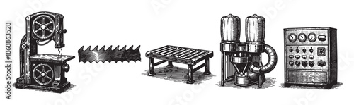 A collection of detailed black and white sketches depicting vintage industrial machinery including a band saw, saw blade, and control panel, perfect for historical or manufacturing themes.