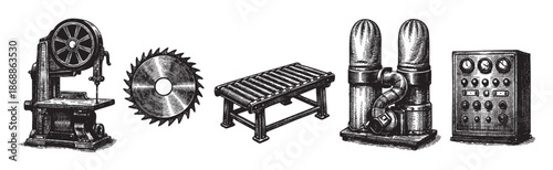 A collection of hand-drawn, vintage industrial machines including a bandsaw, saw blade, conveyor belt, and control panel, presented in a black and white woodcut style.