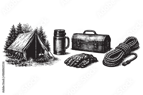 A black and white illustration depicts vintage camping equipment including a tent, thermos, toolbox, gloves, and rope arranged in a forest setting.