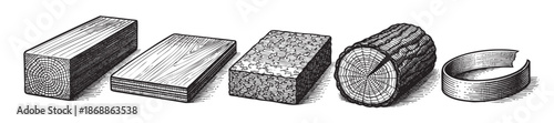 A collection of wood textures and forms are illustrated in a stark black and white line art style, showcasing different grain patterns and cuts from planks to logs.