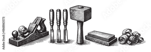 An engraved illustration of a vintage woodworking tool collection, including a hand plane, chisels, and wood shavings, in black and white.