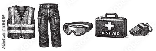 A black and white sketch displays high visibility vest, cargo pants, safety goggles, a first aid kit, and a whistle, representing safety and emergency preparedness in a work environment.