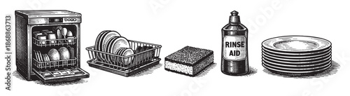 This vintage black and white illustration depicts various items associated with dishwashing, including an open dishwasher, a plate rack, a sponge, rinse aid, and a stack of plates.