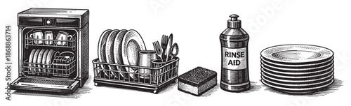 A black and white woodcut illustration depicts a kitchen cleaning scene with a dishwasher, dish rack of plates and cutlery, rinse aid bottle, and sponge.