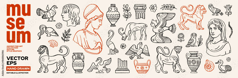 Obraz premium Ancient Greek or Roman statue, sculpture, column, vase, animal. Museum in Greece. Mediterranean Greek Roman mythology doodle art. Ancient museum line icon element. Vintage history antique myth bg