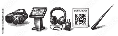 Collection of line art technology gadgets including VR headset interactive display headphones with player and digital ticket with QR code and stylus pen for modern concepts.