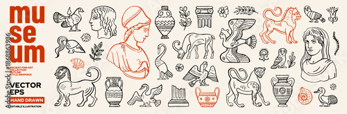 Ancient Greek or Roman statue, sculpture, column, vase, animal. Museum in Greece. Mediterranean Greek Roman mythology doodle art. Ancient museum line icon element. Vintage history antique myth bg