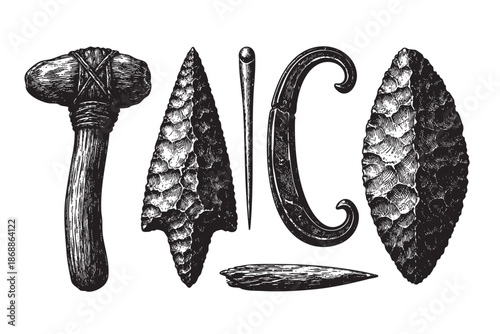 A black and white illustration showcases a collection of ancient tools and weapons, including a stone axe, arrowheads, and other primitive implements, rendered in a detailed etching style.