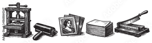 A black and white illustration depicts antique printing tools including a press, roller, papers, and a paper cutter, evoking a sense of history and craftsmanship.
