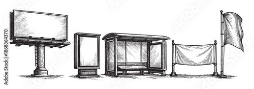 A black and white sketch illustrating a billboard, a bus stop, a banner, and a flag, suitable for design and advertising concepts.