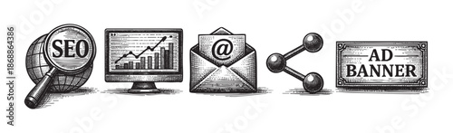 This black and white illustration features a series of icons representing digital marketing concepts including SEO, analytics, email, sharing, and advertising.