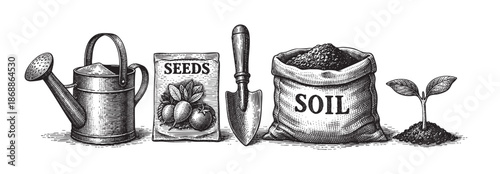 Vintage engraving style illustration of gardening essentials including a watering can, seed packet, trowel, bag of soil, and a seedling ready for planting.