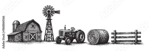A detailed black and white illustration depicts a classic farm scene featuring a rustic barn with a silo, a vintage tractor, a traditional windmill, and a round hay bale next to a wooden fence.