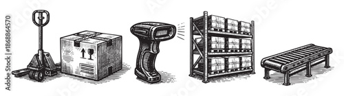 This illustration features a collection of warehouse equipment including a pallet jack, cardboard box, barcode scanner, storage rack with boxes, and a conveyor belt in a vintage woodcut style.