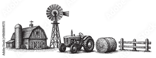 A detailed black and white illustration depicts a classic farm scene featuring a rustic barn with a silo, a vintage tractor, a traditional windmill, and a round hay bale next to a wooden fence.