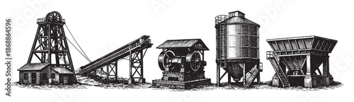 A detailed black and white illustration depicts a row of vintage industrial mining structures including a headframe, conveyor, machinery, silos, and hoppers against a white background.
