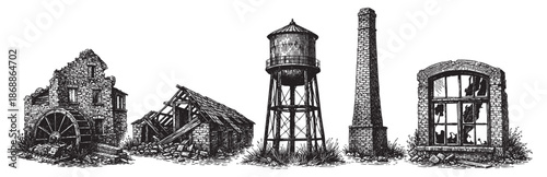 A stark, black and white sketch depicts a row of dilapidated industrial structures including a broken brick building with a water wheel, a crumbling shed, a water tower, and a brick chimney.