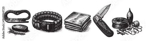 A detailed black and white engraving showcases a collection of essential outdoor survival tools including a carabiner, paracord bracelet, folded fabric, pocket knife, and fishing kit.