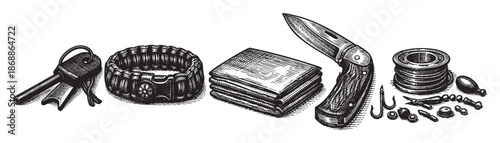 A monochrome woodcut style illustration depicts essential survival tools including keys, paracord bracelet, folded cloth, folding knife, fishing line, hooks, and lure, laid out for easy access and use