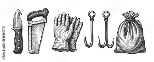 A black and white, woodcut-style illustration features a collection of vintage fishing and hunting tools, including a knife, saw, gloves, hooks, and a bag.