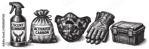 A black and white illustration featuring hunting scent control items including a spray bottle, activated carbon bag, mask, gloves, and a case.
