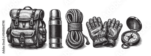 A black and white engraved illustration depicts essential vintage hiking gear, including a rucksack, thermos, coiled rope, gloves, and a compass, arranged against a clean white background.