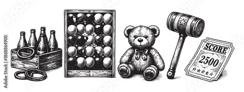 A hand-drawn, black and white illustration of vintage carnival game items including bottles, a ring toss game, a teddy bear, a gavel, and a score ticket.