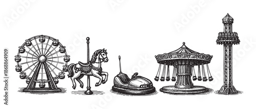A vintage-style black and white illustration showcases iconic amusement park rides including a Ferris wheel, carousel horse, bumper car, swing ride, and drop tower against a clean white background.