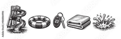 A retro-style black and white illustration depicts a water slide, inner tube, numbered key, folded towel, and a water splash, evoking summer fun and vacation.