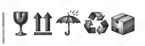 A vintage woodcut style illustration features essential shipping and handling symbols including a fragile glass, up arrows, umbrella for rain protection, recycling logo, and a cardboard box.