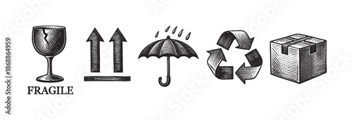 A vintage woodcut style illustration features essential shipping and handling symbols including a fragile glass, up arrows, umbrella for rain protection, recycling logo, and a cardboard box.