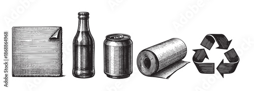 A vintage woodcut style illustration depicts various recyclable objects including a box, bottle, can, and paper roll alongside the universal recycling symbol on a white background.