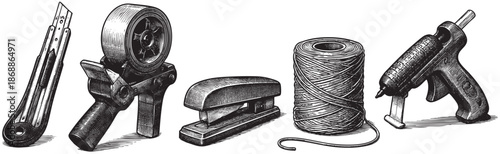 A detailed, monochromatic illustration featuring five essential craft and DIY tools including a utility knife, tape dispenser, stapler, spool of twine, and a glue gun on a white background.